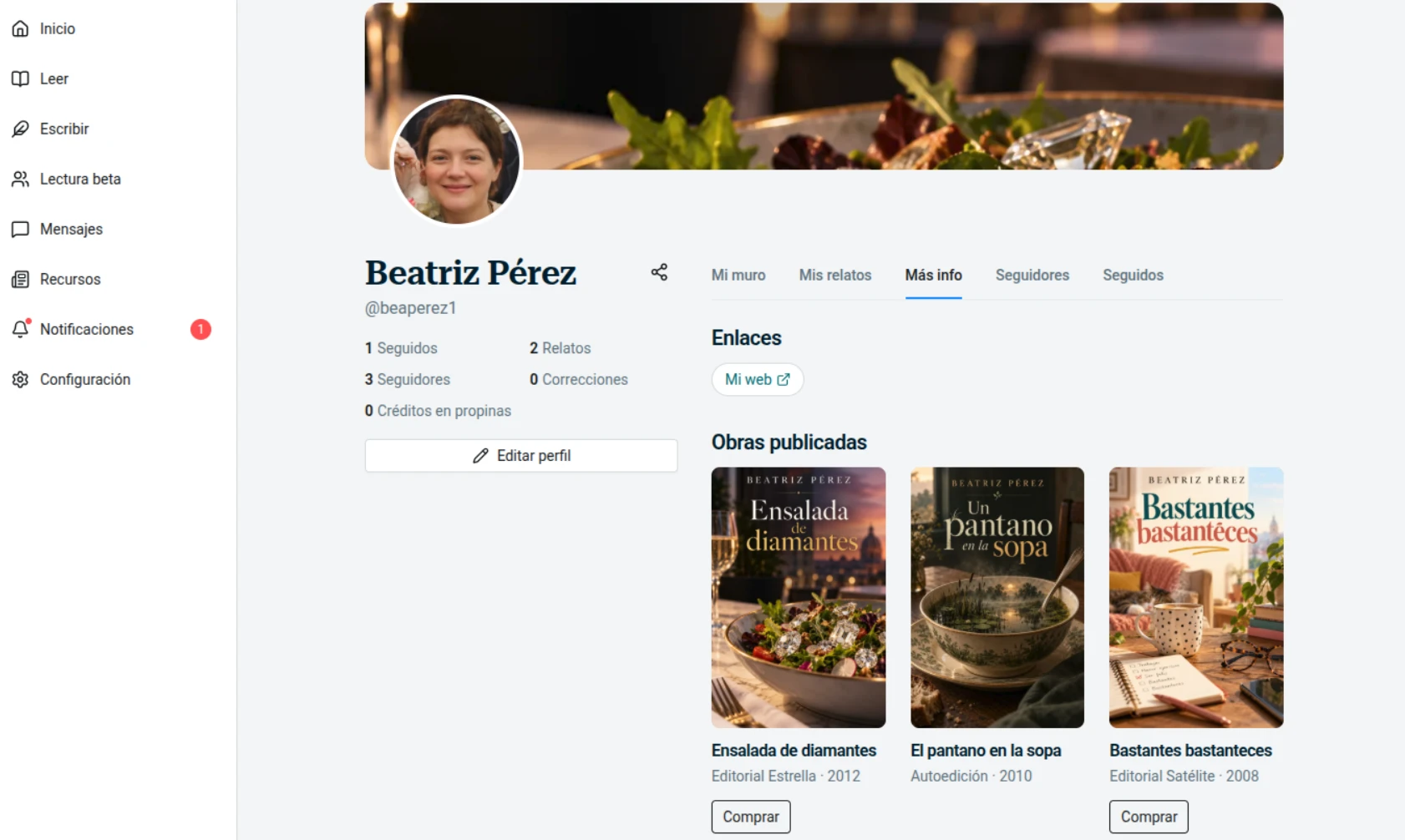 Perfil de autora en Lectoras Beta, con su biografía y sus obras publicadas