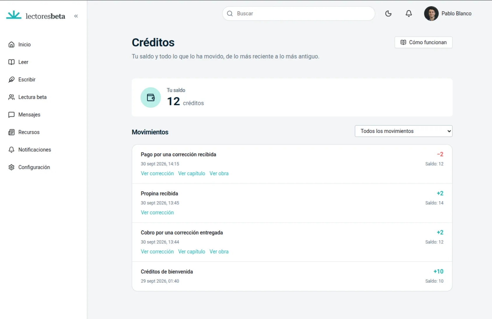 Panel de créditos de un usuario en Lectoras Beta, mostrando su saldo y el historial de movimientos