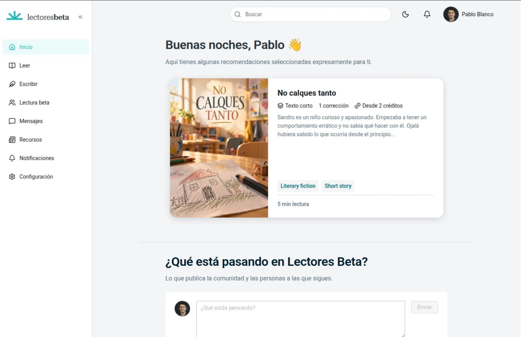 Panel de inicio de Lectoras Beta con recomendaciones personalizadas y la actividad de la comunidad